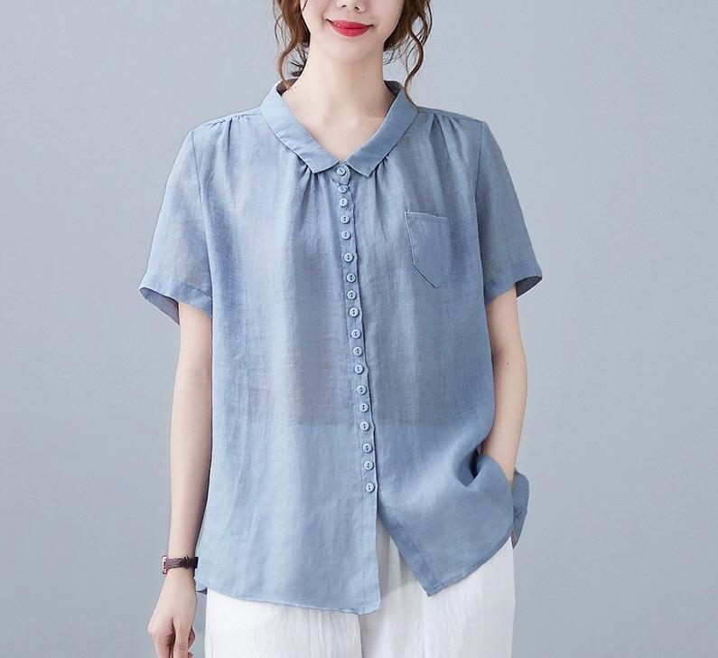 Áo Sơ Mi Cộc Tay Form Rộng Chất Liệu Đũi Tơ Mềm Nhẹ Thoáng Mát SP10  thanh lịch Nữ Top sơ  minu Shirt