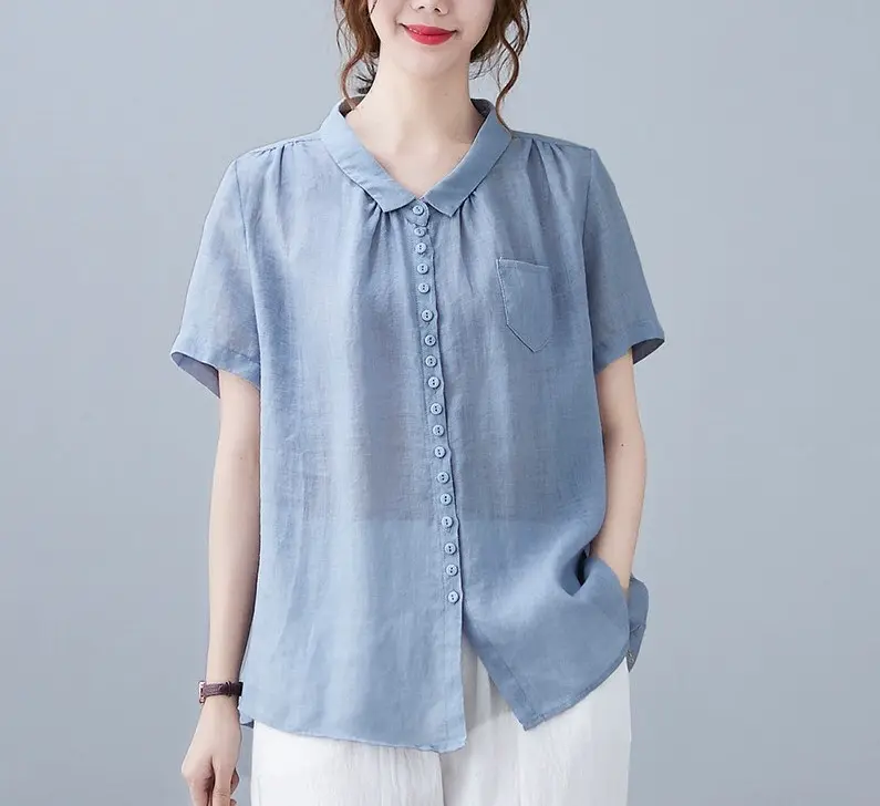 Áo Sơ Mi Cộc Tay Form Rộng Chất Liệu Đũi Tơ Mềm Nhẹ Thoáng Mát SP10  thanh lịch Nữ Top sơ  minu Shirt 0