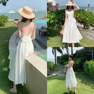 Váy đầm maxi 2 dây hở lưng buộc nơ