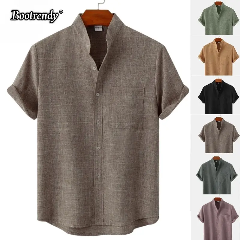 Casual plain linen Men shirt Short Sleeve button up polo Shirt banded collar loose Causal Solid T-shirt Cotton  Men shirts  summer