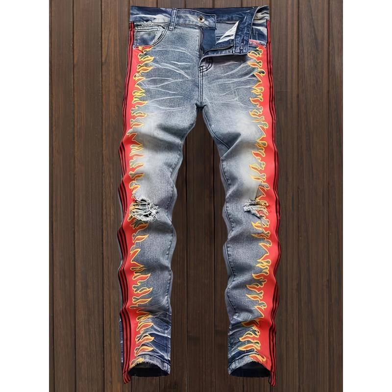 TikTok Shop Men s Stylish Slim Fit Ripped Jeans Flame Print Straight Leg Comfortable Fabric Fashionable Design Trendy Apparel for Casual Occasions New Arrival