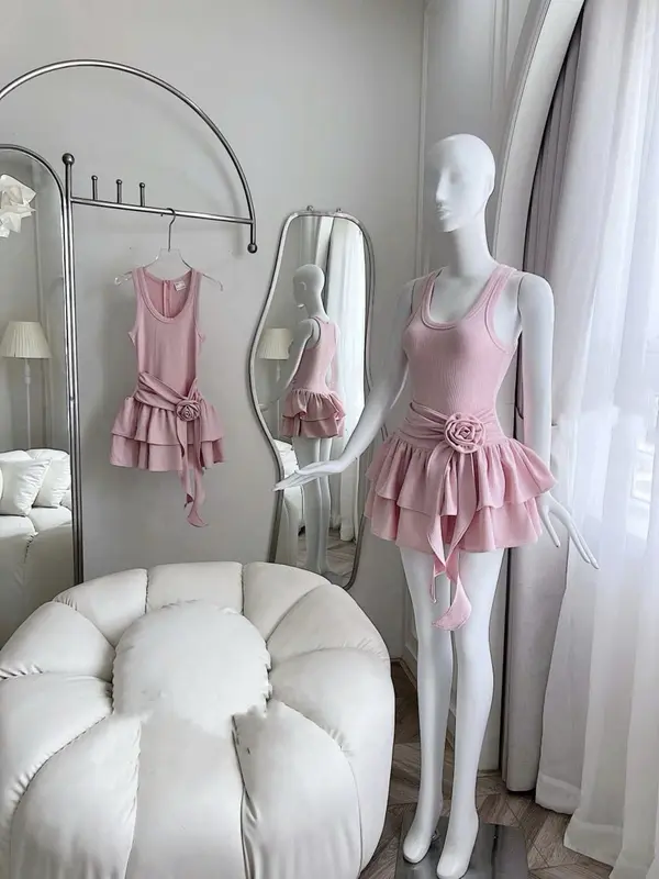 Váy hồng tầng xoè có nơ Trang trí ở eo- chất liệu lên tăm 4
