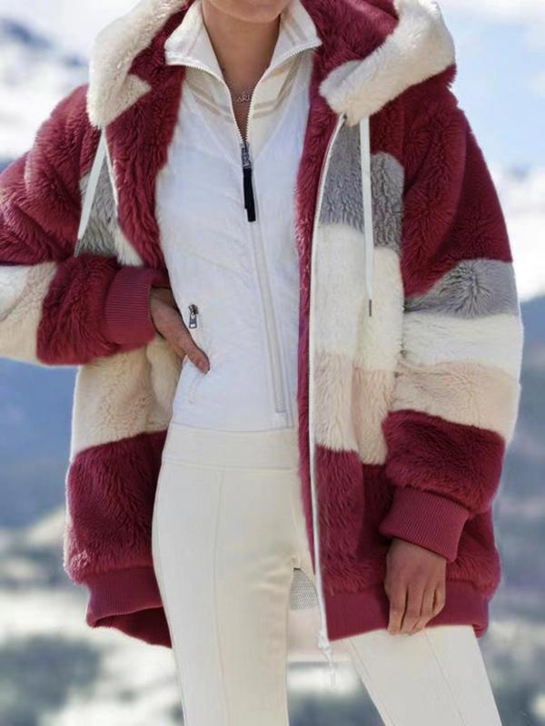 Women's Colorblock Drop Shoulder Hooded Polar Fleece Coat, Fashion Casual Long Sleeve Zip Up Warm Outerwear For Daily Outdoor Wear, Women's Clothing 6