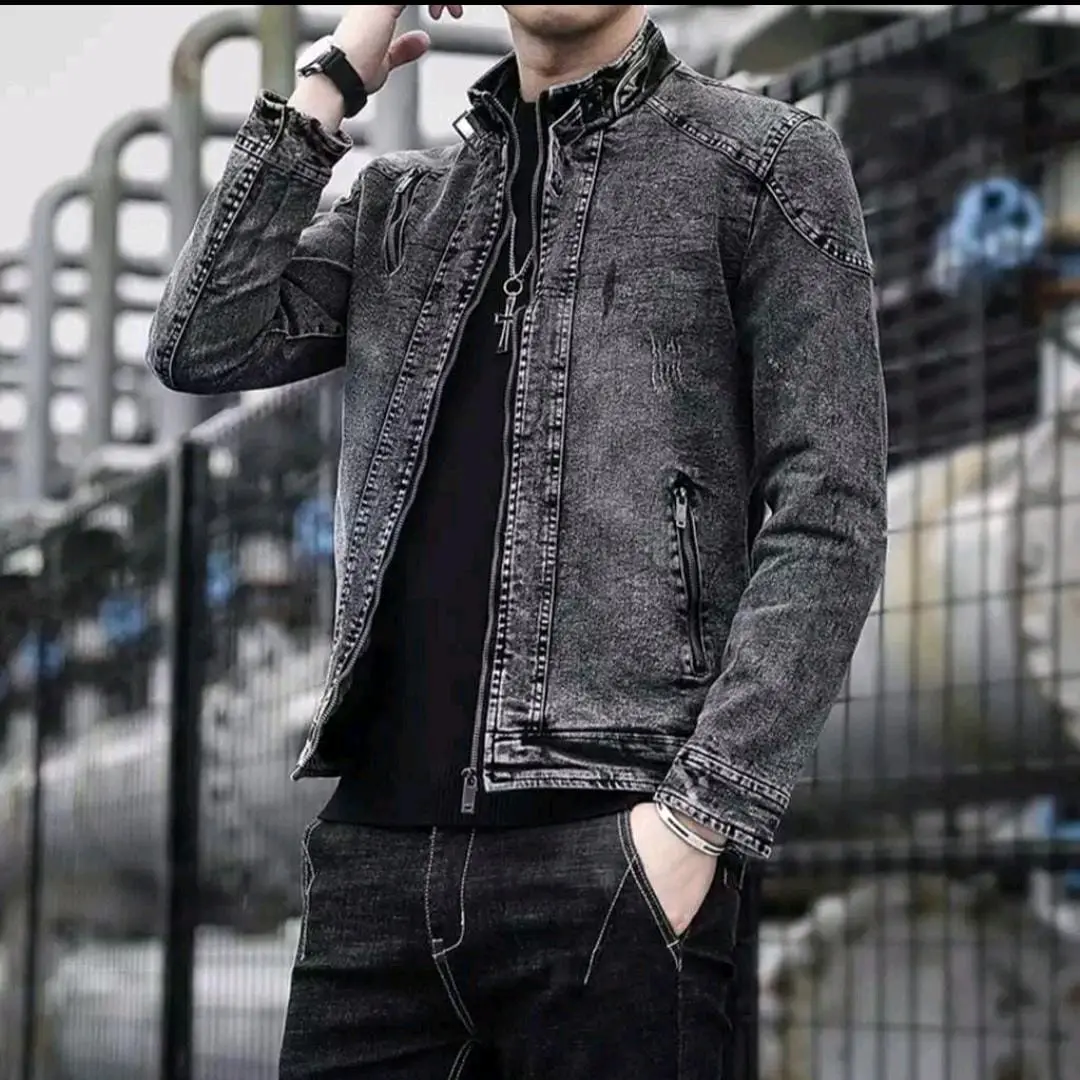 JAKET JEANS PRIA DENIM TEBAL POLOS BIKER KERAH TINGGI ATASAN TERLARIS FASHION KEKINIAN
