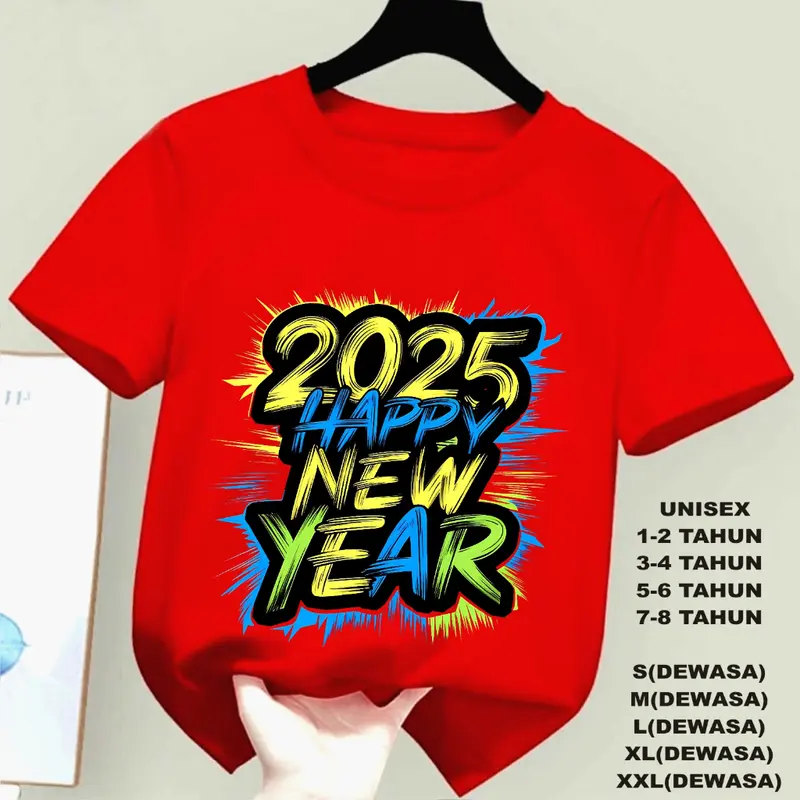 KAOS HAPPY NEW YEAR 2025 TULISAN DTF, KAOS ANAK ANAK, KAOS DEWASA UNISEX , KAOS OBLONG 1