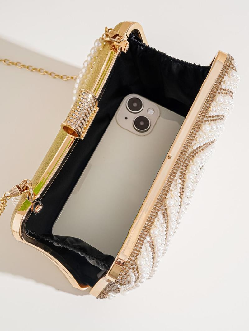 Product Introduction of Women's Summer Faux Pearl Decorated Strap Evening Bag, 2025 New Trendy Bling Rhinestone Decorated Crossbody Bag for Party Wedding 5