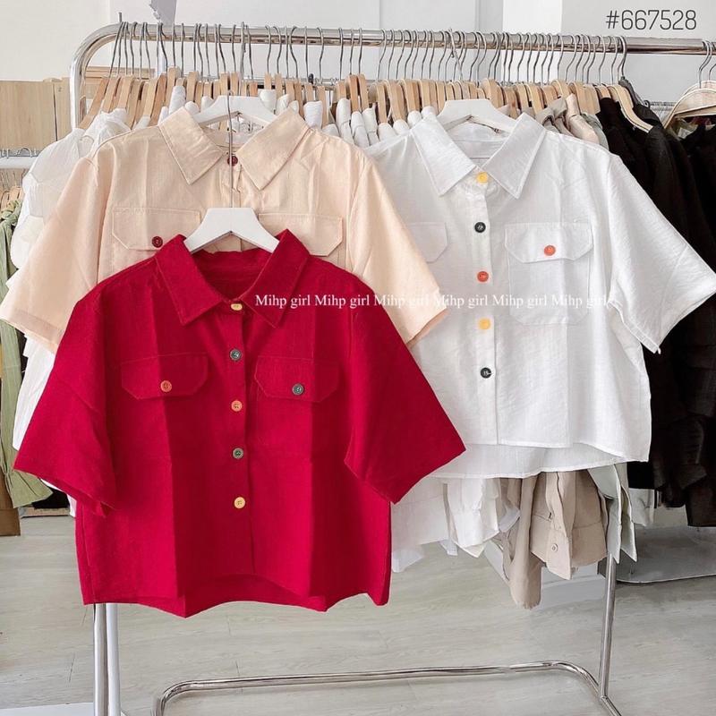 Áo Sơ Mi Croptop Nữ Tay Ngắn Form Rộng. Cổ Tròn Women Nhung Voi Kem