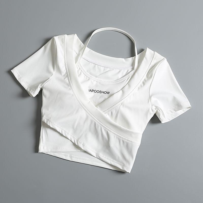 Product Introduction of Áo Crop-Top, dành cho nữ, ngắn Tay, bó sát, hai mảnh giả, thích hợp cho tập luyện, chạy, tập luyện, Yoga, áo phông với đệm ngực 8