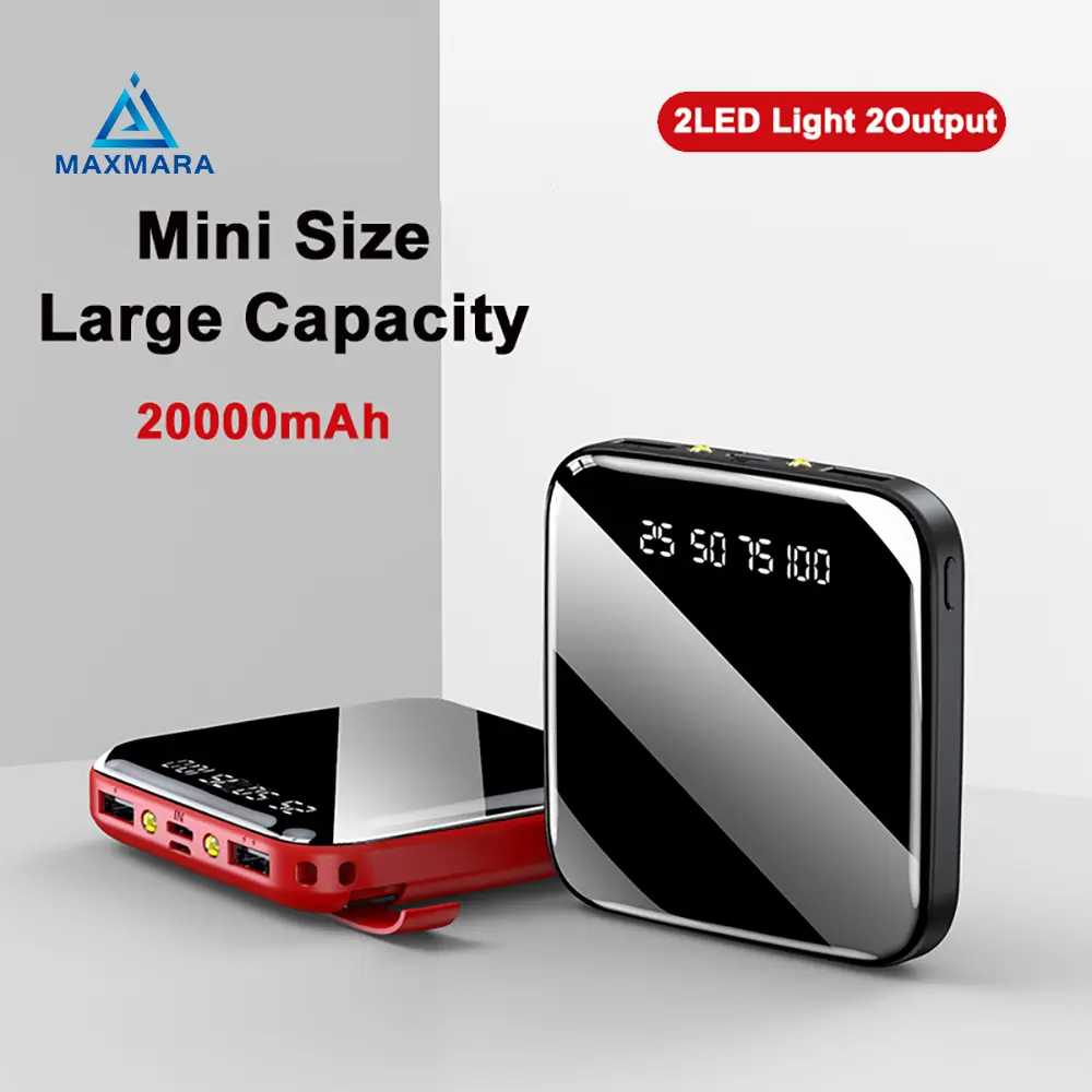 Yisen 20000mAh Mini Power Bank Dual USB LED Light Mirror Portable Digital Powerbank Black White For All Phone