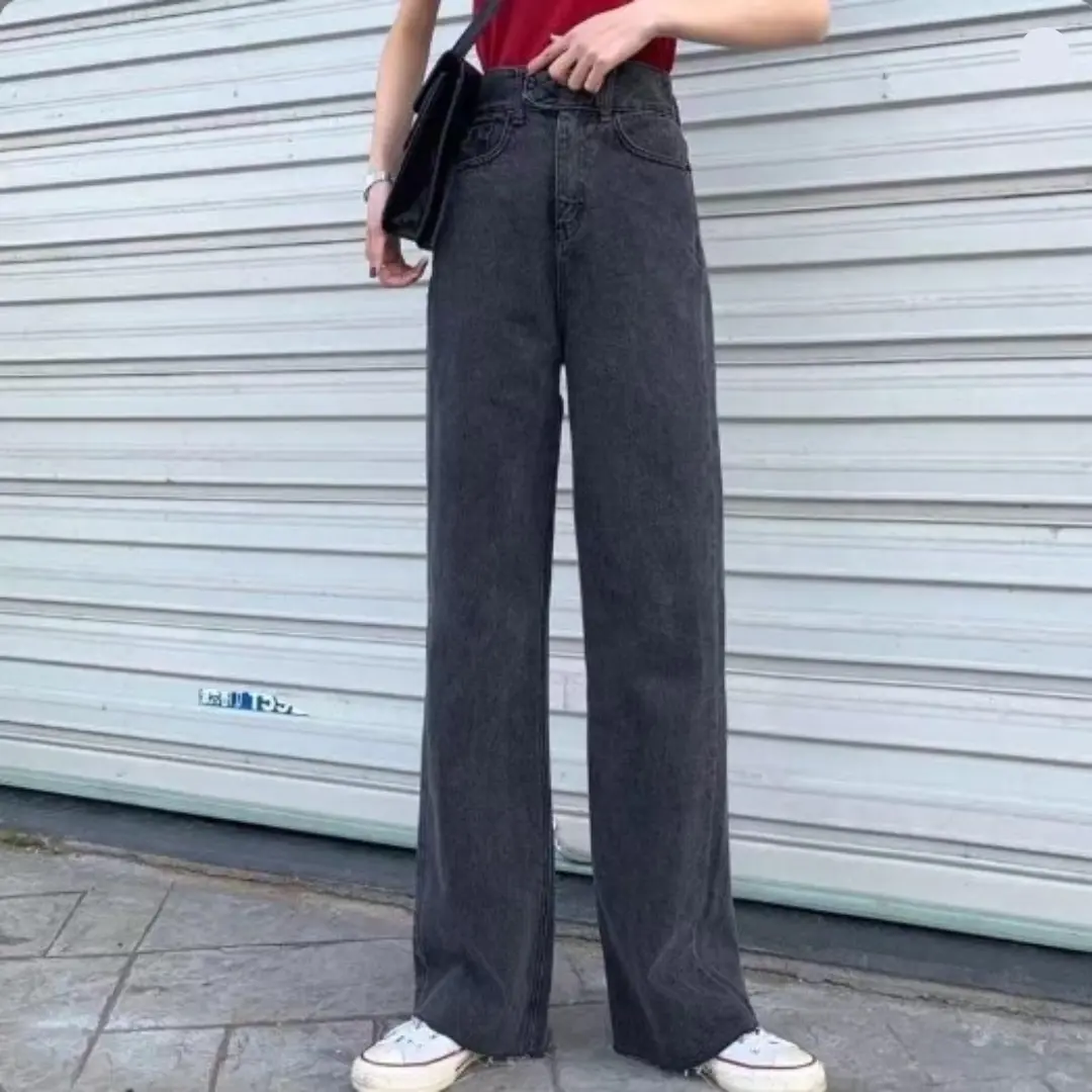 Celana jeans kulot wanita high waist celana panjang retro fashion Korea style loose jins dark grey biru hitam Putih Rawis Denim