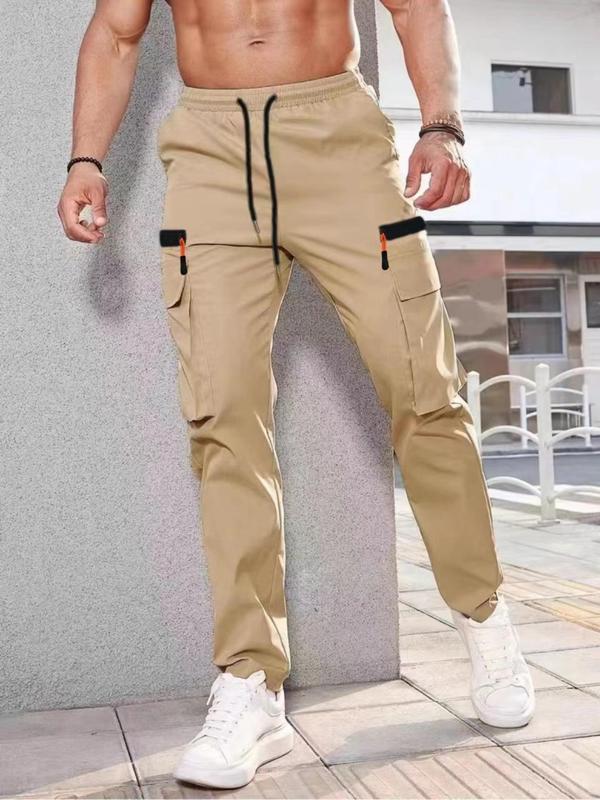 Men's Solid Color Cargo Pants, Regular Fit Casual Comfy Elastic Waist Trousers for Daily Wear, Men's Bottoms for All Seasons, Beige 3