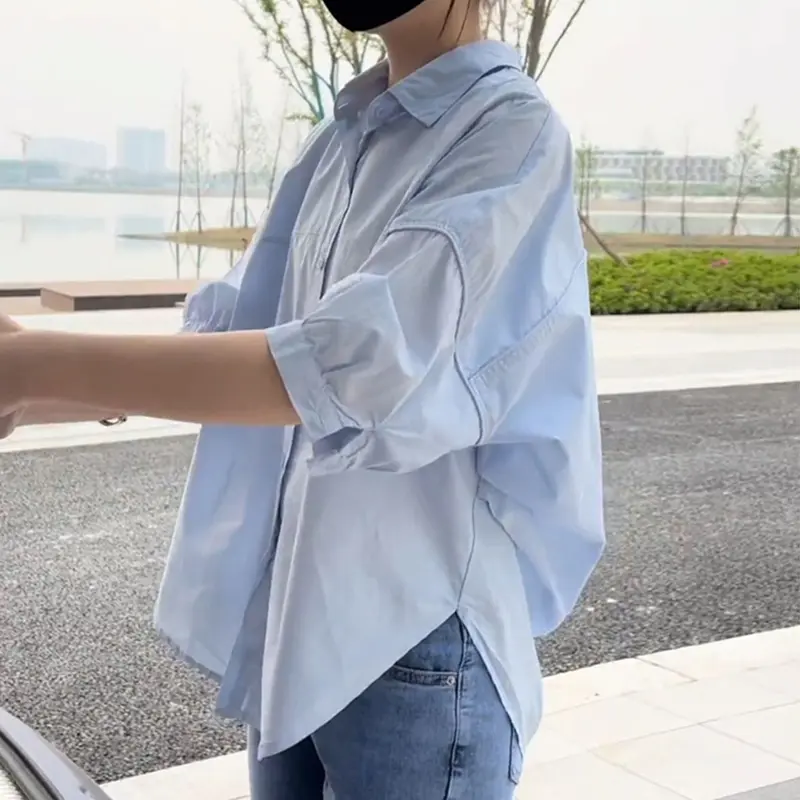 【LINNVZHUANG】Women's Loose Fashion Irregular Casual Solid Color Long Sleeve Thin Shirt