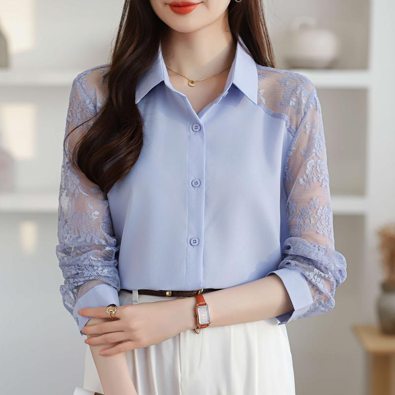 Product Introduction of Áo Cánh Voan Ren Ve Áo, Dòng Màu Xanh Dương, Dành Cho Nữ, Áo Cardigan Dài Tay, Ngoại Cỡ, Không Cần Ủi 13