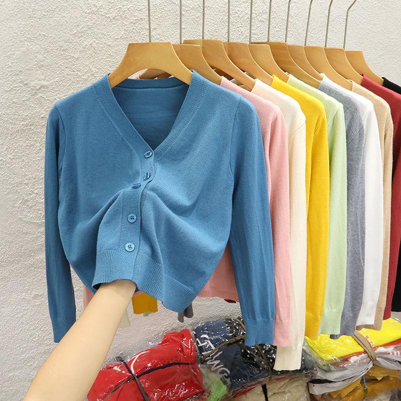 Áo Khoác Cardigan Dệt Kim Cổ Chữ V Ngắn Màu Trơn Áo Mặc Bên Ngoài Dài Tay Áo Mỏng