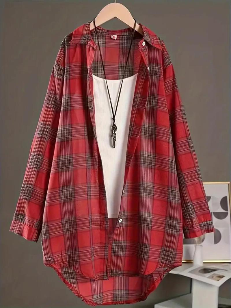 Product Introduction of Plus Size Plaid Print Button Front High Low Blouse, Casual Drop Shoulder Long Sleeve Top for Summer, Women's Clothes for Daily Wear 12