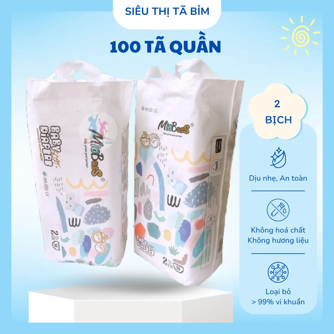 Miobuss 100 miếng (2 bịch) tã quần bo mông đủ size số 0-5 (M, L, XL, 2XL, 3XL, 4XL)