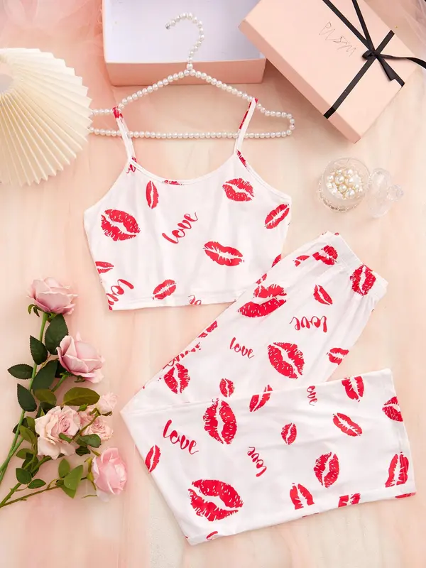 Women's All Over Lip Print Crop Cami Top & Pants Two-Piece Set, Casual Comfy Two-Piece Set for Home Wear, Summer Clothing Set for Women 2