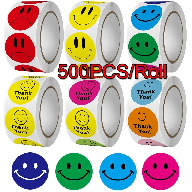 Gulungan Pelekat Muka, Reka Bentuk Wajah Senyuman dan Emoji Bahagia, Pelekat Muka, Reka Bentuk Senyuman dan Terima Kasih, Label Kertas Titik Bulatan, Pelekat Ganjaran, Sesuai untuk Guru, 500 Keping setiap Gulungan