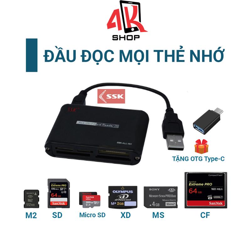 Đầu đọc thẻ nhớ đa năng SSK với tốc độ 2.0, hỗ trợ nhiều loại thẻ SD, Micro SD, TF, MS, CF, M2 và XD