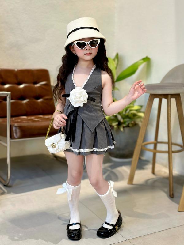 BỤNG LỚN TĂNG SIZE Set áo sát nách cổ V đính hoa phối chân váy xếp li sành điệu cho bé Cotton đầm dự tiệc cưới 14 tuổi