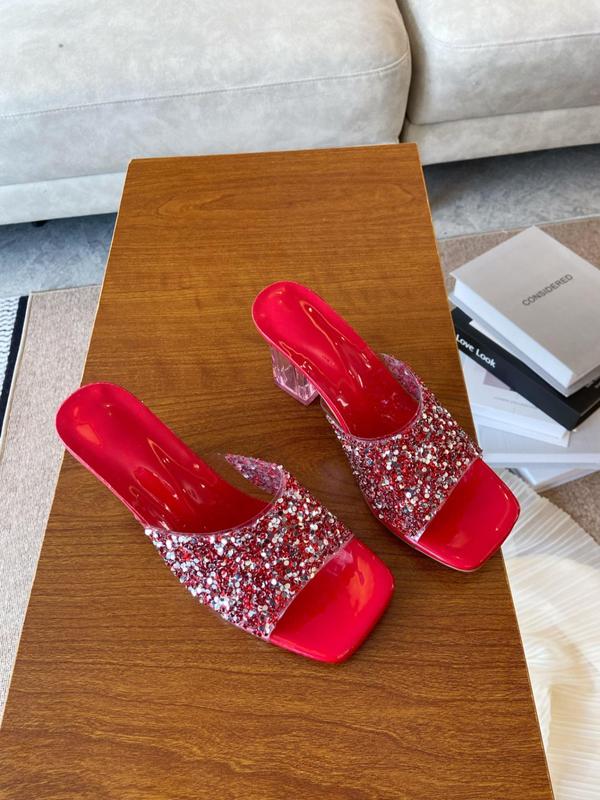 Women's Fashionable Glittering Chain Decorated Heeled Sandals, Elegant Square Toe High Heel Sandals for Party, Daily Clothing Decor for Women & Girls, Footwear 7