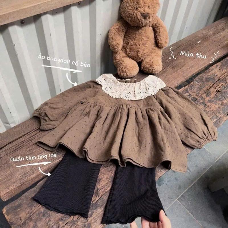 [5-18kg] td138-Set áo  dài tay cổ BÈO dáng baby doll kèm quần TĂM-NỈ siêu mềm cho bé gái [XMGY]