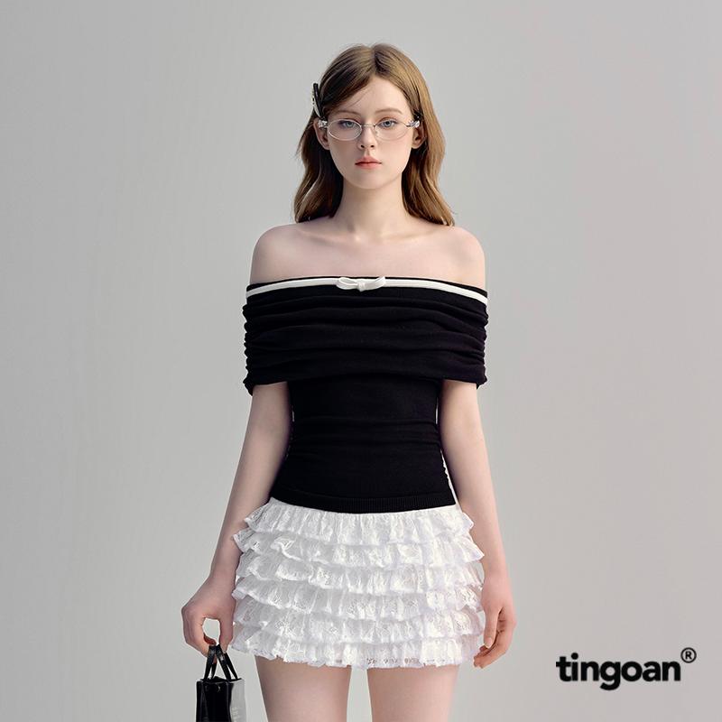 TINGOAN - Áo len trễ vai hm phối nơ giữa zúm thân ĐEN MEIMEI TOP BL