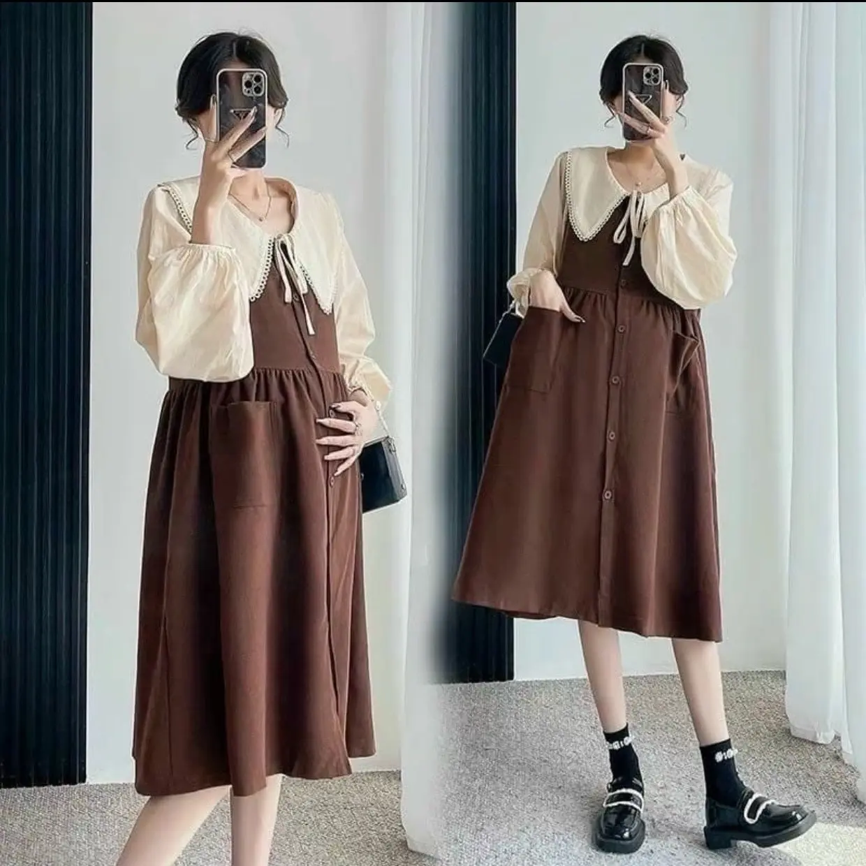 Đầm Bầu Váy bầu cổ bèo babydoll chất liệu nhung tăm B12