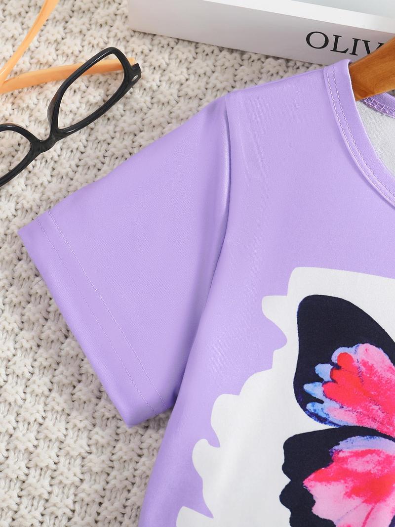 Product Introduction of Girl's Butterfly & Floral Print Tee & Flare Leg Pants Two-piece Set, Casual Fashion Round Neck Short Sleeve T-shirt & Bell Bottom Trousers for Daily Wear, Kids Summer Clothes 6