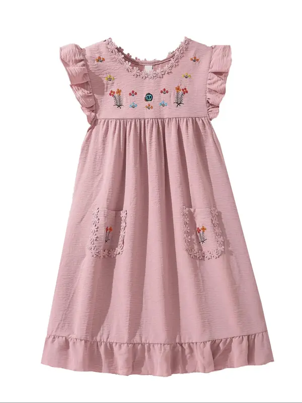 Girl's Floral Embroidery Ruffle Trim Dress, Cute Casual Short Sleeve A Line Dress for Summer, Kids Clothes for Daily Wear 6