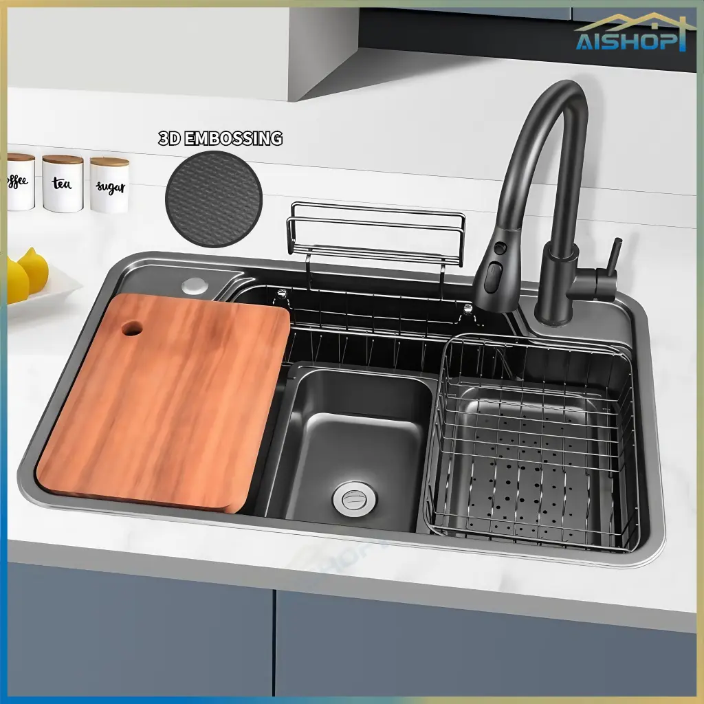 [SG Seller]SUS 304 Stainless Steel Sink Multi-functional vegetable basin Nano 3D Embossed Japanese Large Single SINK