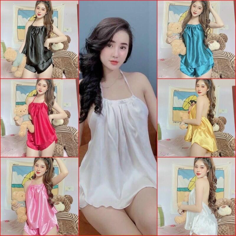 Bộ đồ ngủ yếm phi lụa trơn cổ xếp ly size dưới 55kg