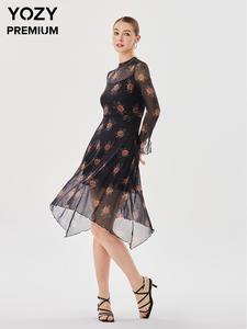 YOZY Women's Floral Print Lettuce Trim Sheer Flounce Sleeve Dress, Elegant Mock Neck Asymmetrical Hem Long Sleeve Dress for Party Holiday Wedding Guest, Ladies Spring & Fall Clothes