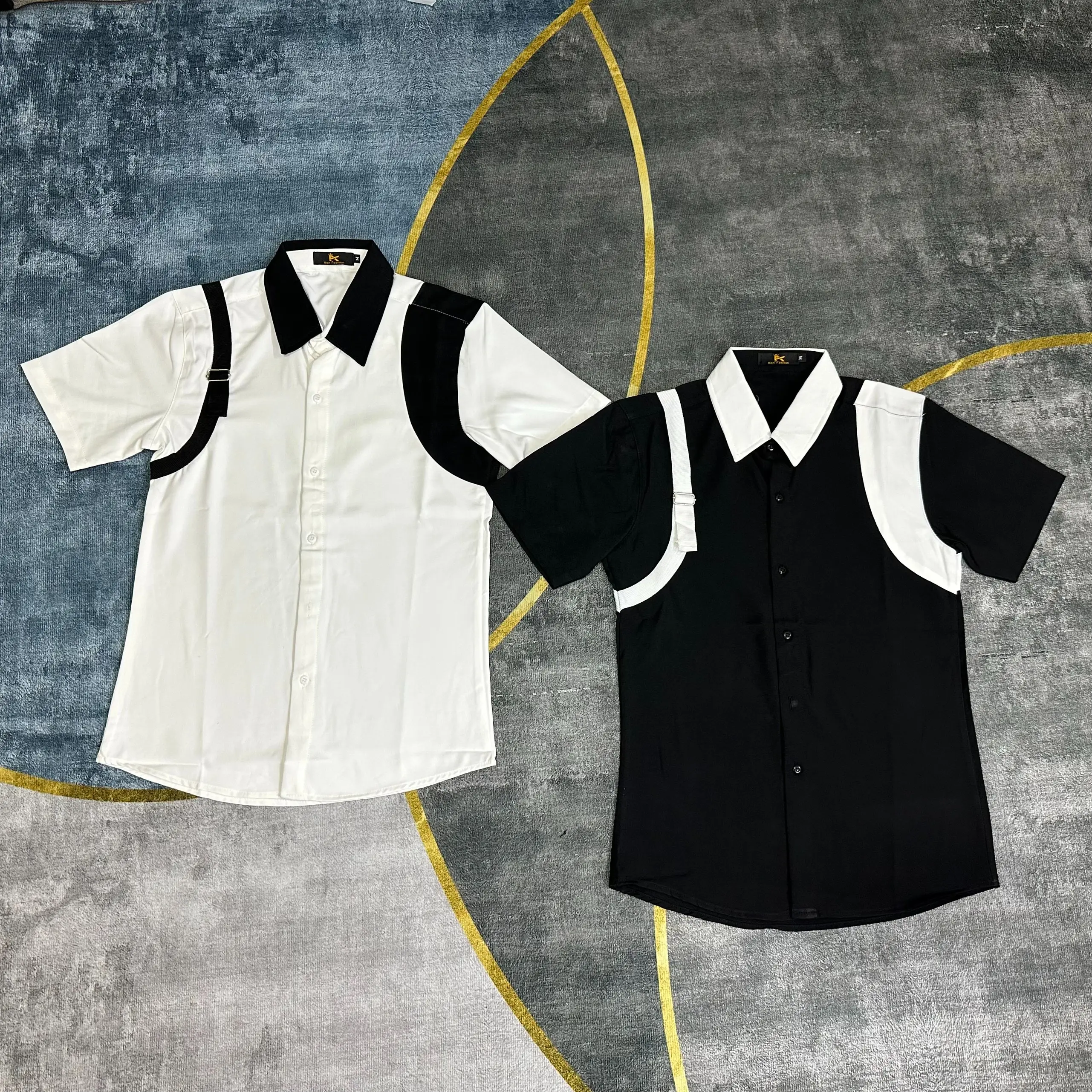 Áo sơ mi nam phối dây tay ngắn chất vải lụa thoáng mát phong cách Hàn Quốc Menswear Có Cổ