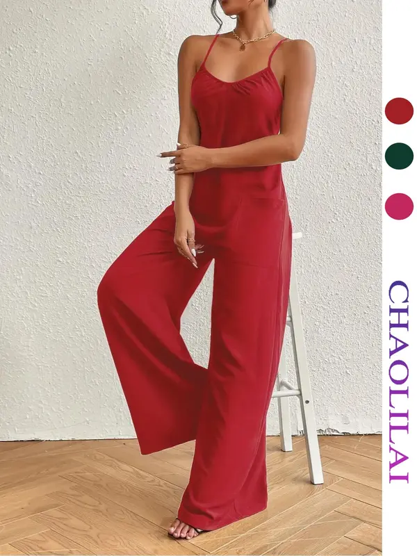 Women's Plain Criss Cross Backless Cami Jumpsuit, Casual Pocket Wide Leg Jumpsuit for Summer, Ladies Clothes for Daily Wear 3