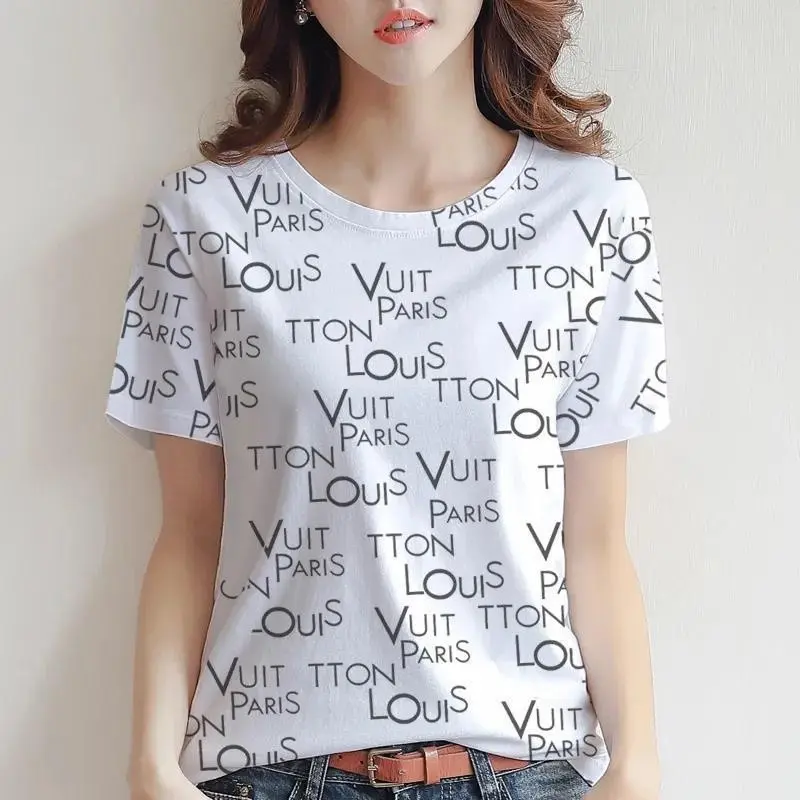 Women's Letter Print Plus Size Round Neck T-shirt Loose Casual Top