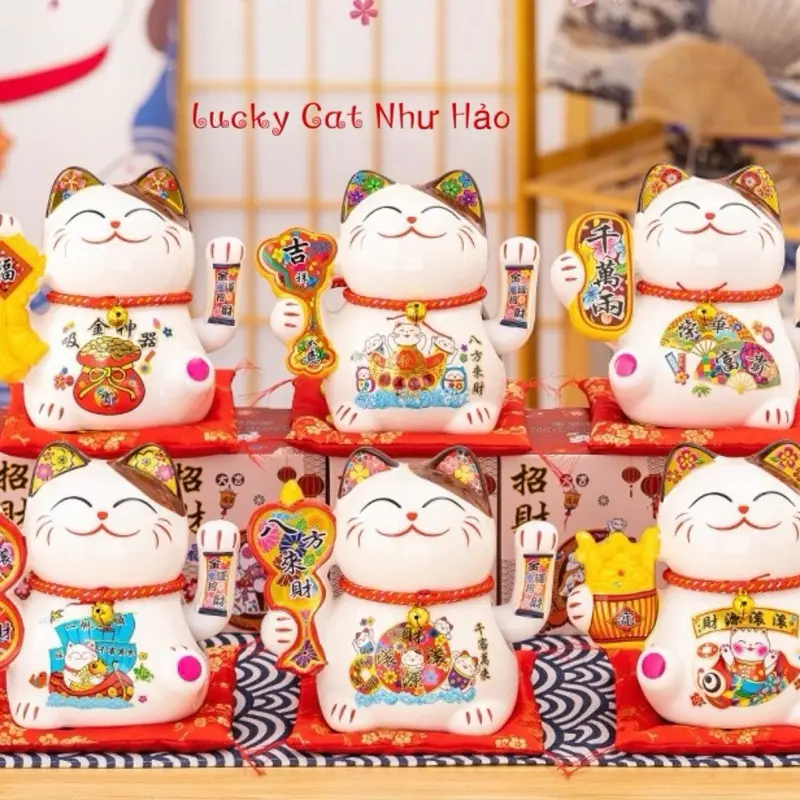 Mèo may mắn gốm sứ vẫy tay thu hút tài lộc cao 16 cm và 21 cm chạy pin