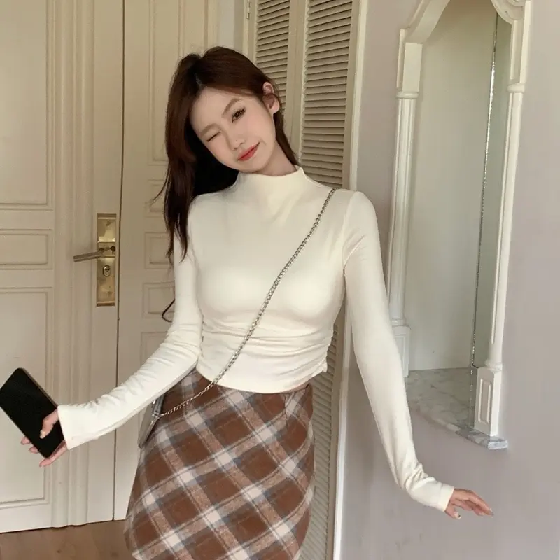 Áo croptop tay dài cổ cao 3p mới 2024 thời trang crt Nữ Nâu Thun A2 Voi Women Voan Shirt Jean Kem 8