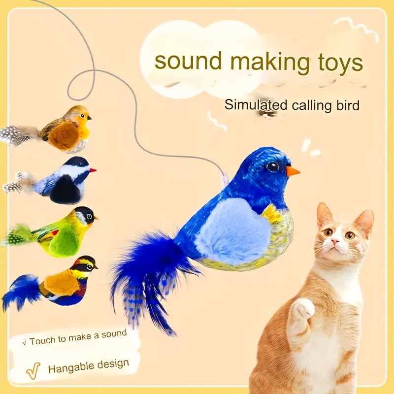 Interactive Simulation Sound Plush Bird Cat Toy, with Realistic Chirping, with Artificial Feather Synthetic Fiber Material and No Battery Required Cartoon Design Toy, Suitable for Indoor Cat Sports Interactive Bird Toy 5