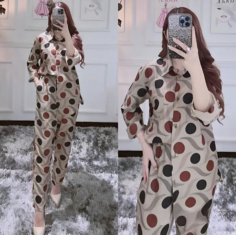 One Set Namira Polka Busui Full Kancing Setelan Rayon Panjang Handmade Kerah V Neck Model Kemeja Kekinian 2024 by Daster Batikku 0