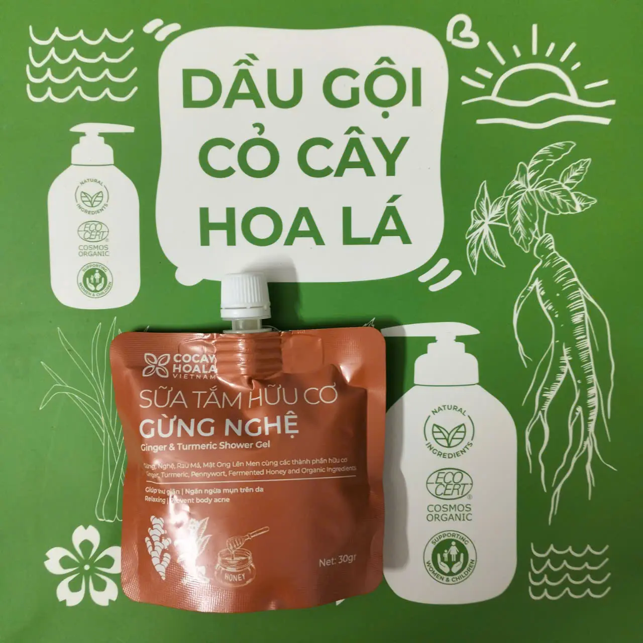 TÚI SỮA TẮM HỮU CƠ GỪNG NGHỆ  30gr -  Cỏ cây hoa lá - Dưỡng Da Body