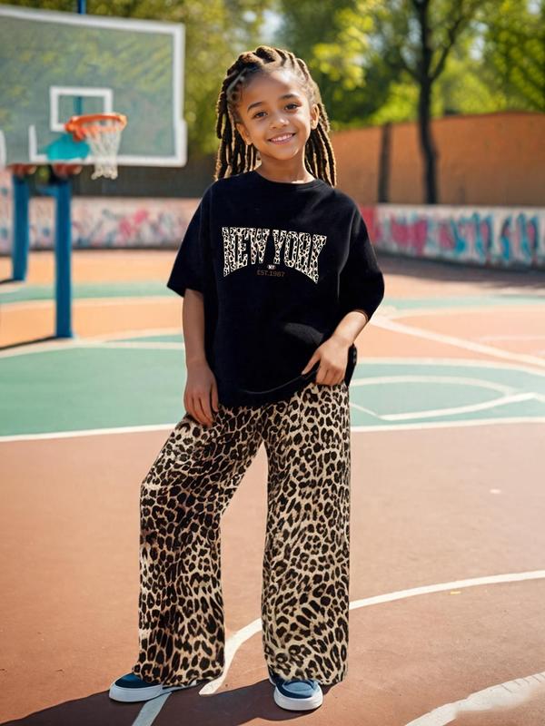 Two-piece Set Girl's Leopard Letter Print Tee & Pants Set, Casual Fashion Round Neck Short Sleeve T-shirt & Trousers for Daily Outdoor Wear, Kids Clothing for Summer, Rounded Neck 3