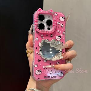 เคสโทรศัพท์, สำหรับ iPhone 11, 13, 12, 16, 15, 14, Pro Max, Plus, ความงามสูง, ชุดเพชร, ดีไซน์โบว์, กระจกแต่งหน้าคิตตี้นางฟ้า, เคส iPhone