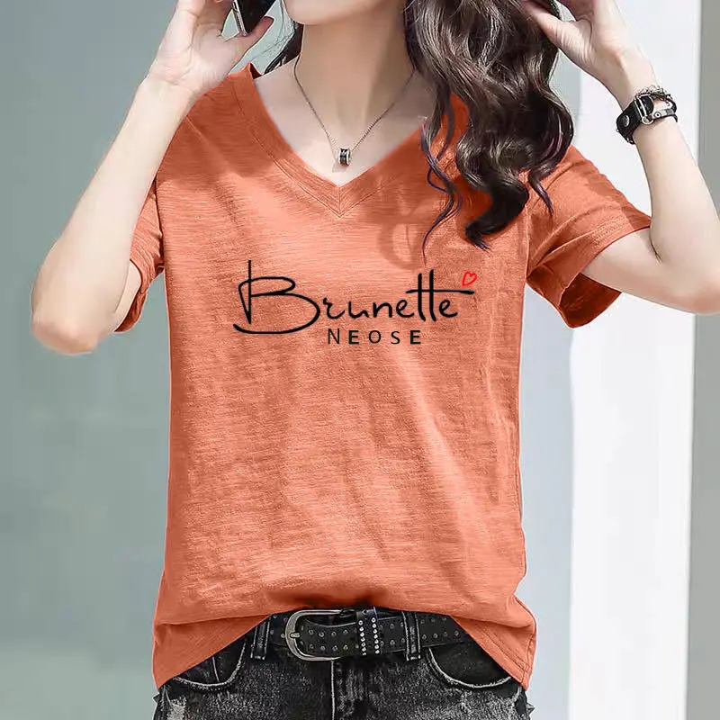 Hot Selling Bamboo Cotton V-Neck Women's Short Sleeve T-Shirt 2024 Spring Summer New Korean Style Loose Fit Tee Ins