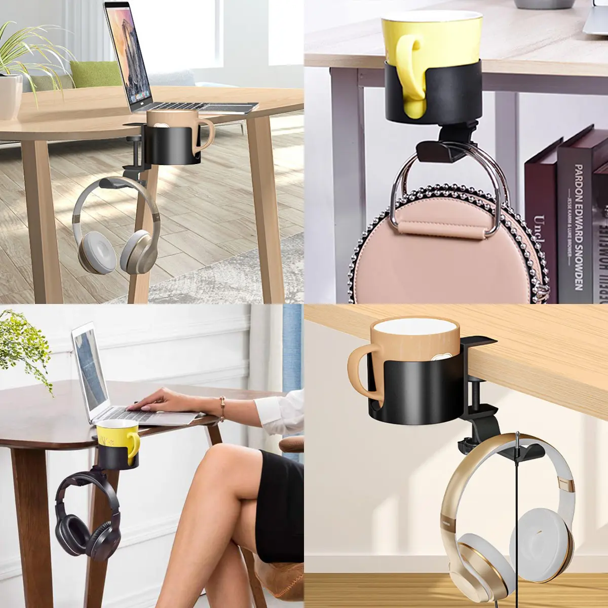 Desk Cup Holder 2 in 1 Desk Cup Holder with Headphone Hanger 360-Degree Rotation Adjustable Arm Clamp Headset Hook Bottle Holder Table Side Drink Hanger for Desk Table fIwtM