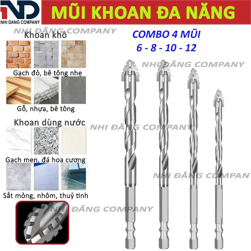 Combo 4 mũi khoan đa năng Nhi Đăng Company 6-8-10-12mm. Khoan được sắt, gỗ, kính, nhựa, gạch