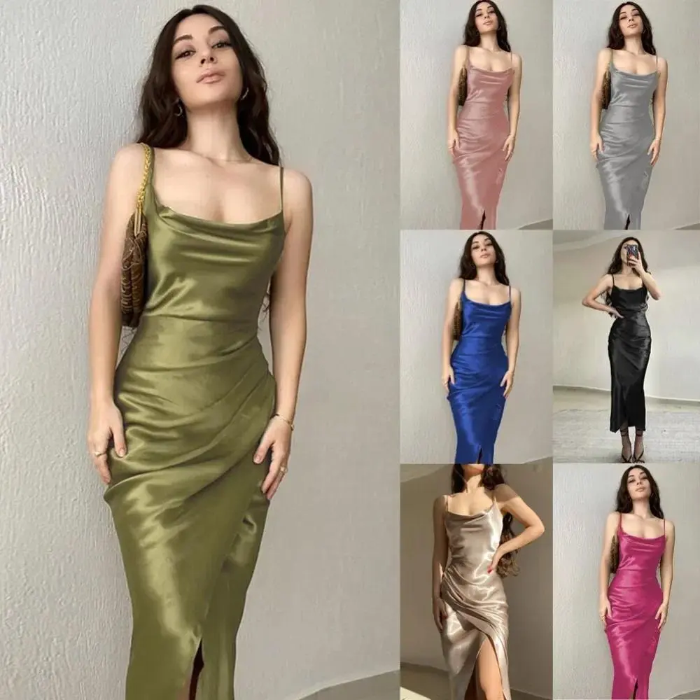 Low-cut Satin Slit Suspender Dress Hot girl style low-cut satin slit suspender dress new slim backless long skirt