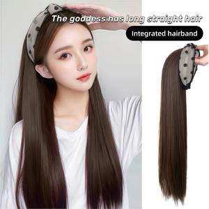 Women's Wig Headband One-piece Long Straight Hair Wig Mesh Polka Dot Half Headpiece
