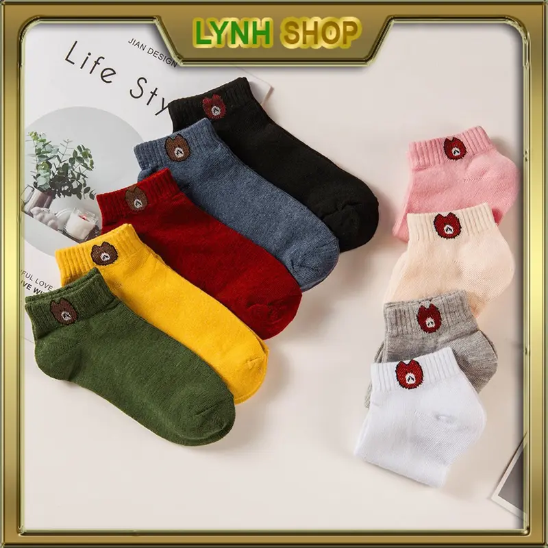 Combo 10 đôi tất nữ cổ ngắn hình gấu cute tặng kèm túi rút Jean Kem 3