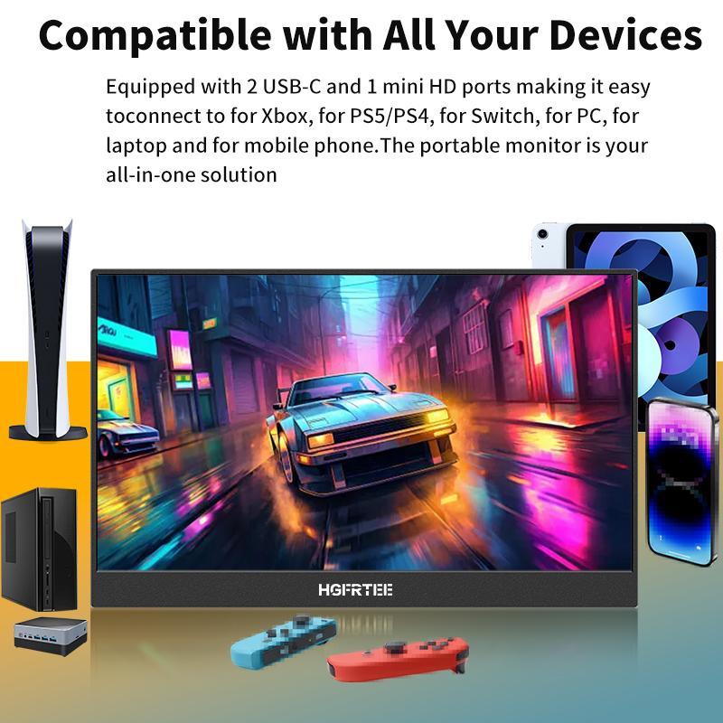 HGFRTEE 15.6 Inch Portable Monitor, 1080P FHD Laptop Monitor, USB C HDMI Computer Display, HDR Eye Care External Screen with for MAC Phone Xbox Switch PS5 8